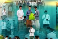 Pengurus PKB Depok, Iwan Setiawan (Sekjen PKB) baju putih dan Siswanto (Ketua Fraksi PKB DPRD Depok) kain putih,  pada saat pemberian buah tangan, disalah satu masjid di Kota Depok.
(Foto: Purnamanews/Yudi Bahtiar)

